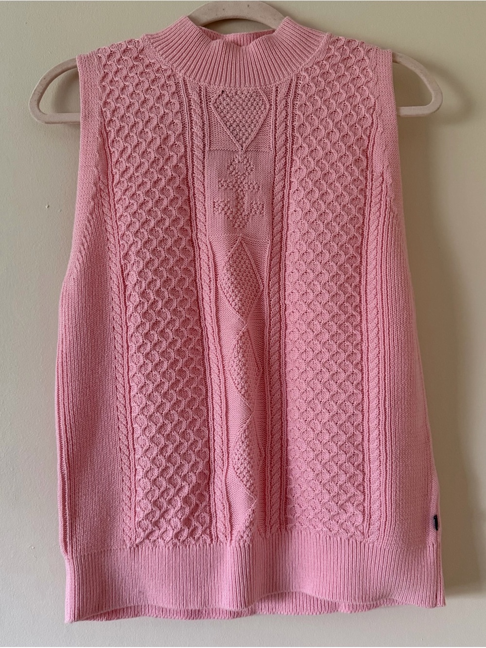 Nautical Sleeveless Pink Cable Knit Mock Neck Sweater Tank